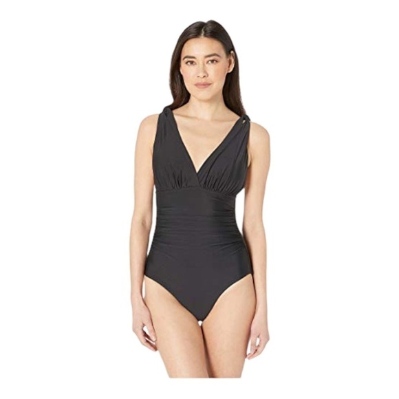 Athena Womens Solid Over The Shoulder Surplice One-Piece Black swimsuit - Picture 1 of 14